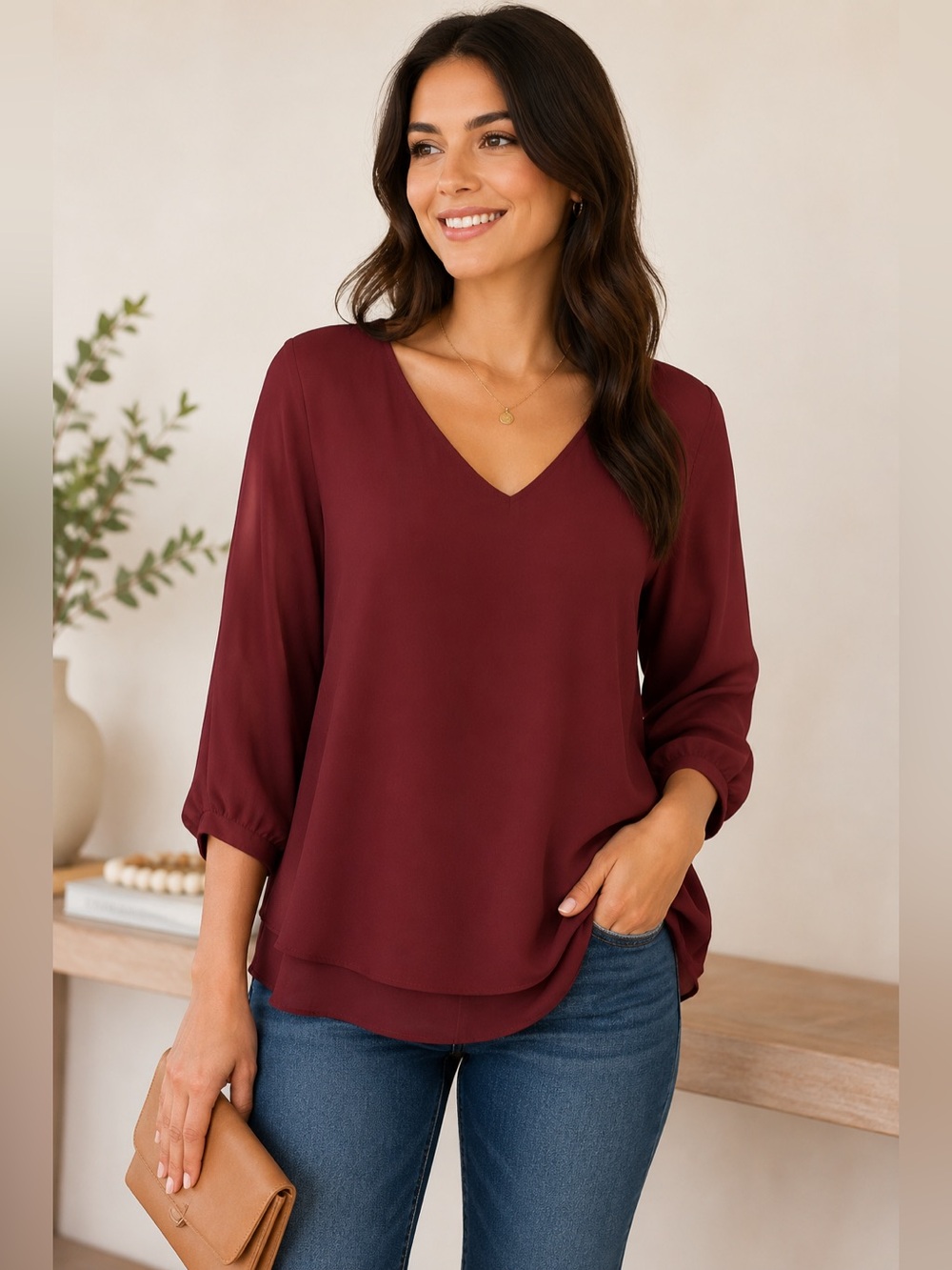 White House Black Market Blouse Womens Small Burgundy Layered Keyhole Back Top